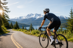 Cyclist on scenic mountain road